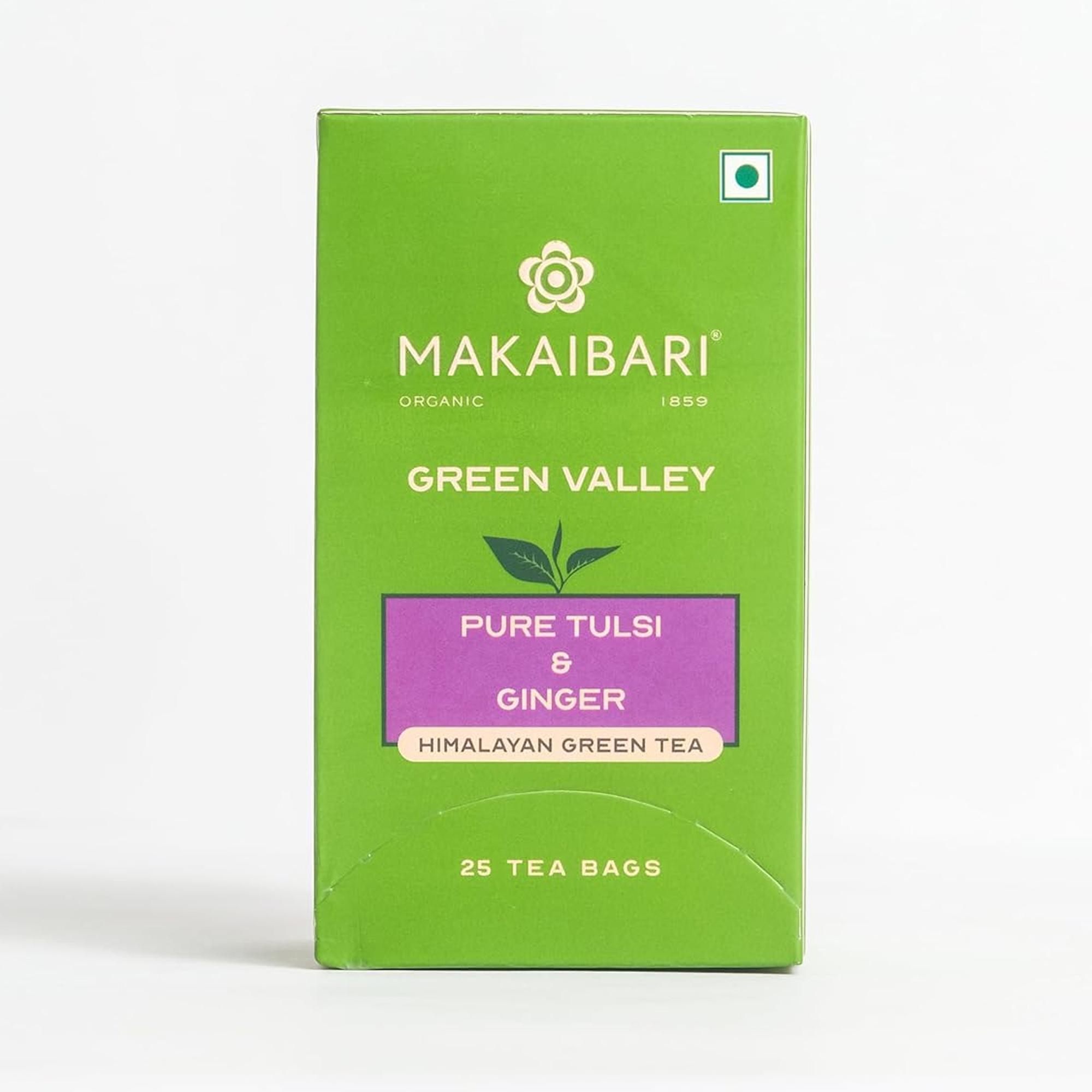

Makaibari Premium Tulsi Ginger Green Tea Bags 25 Pack Organic Antioxidant Herbal Wellness Detox Infusion 45 g