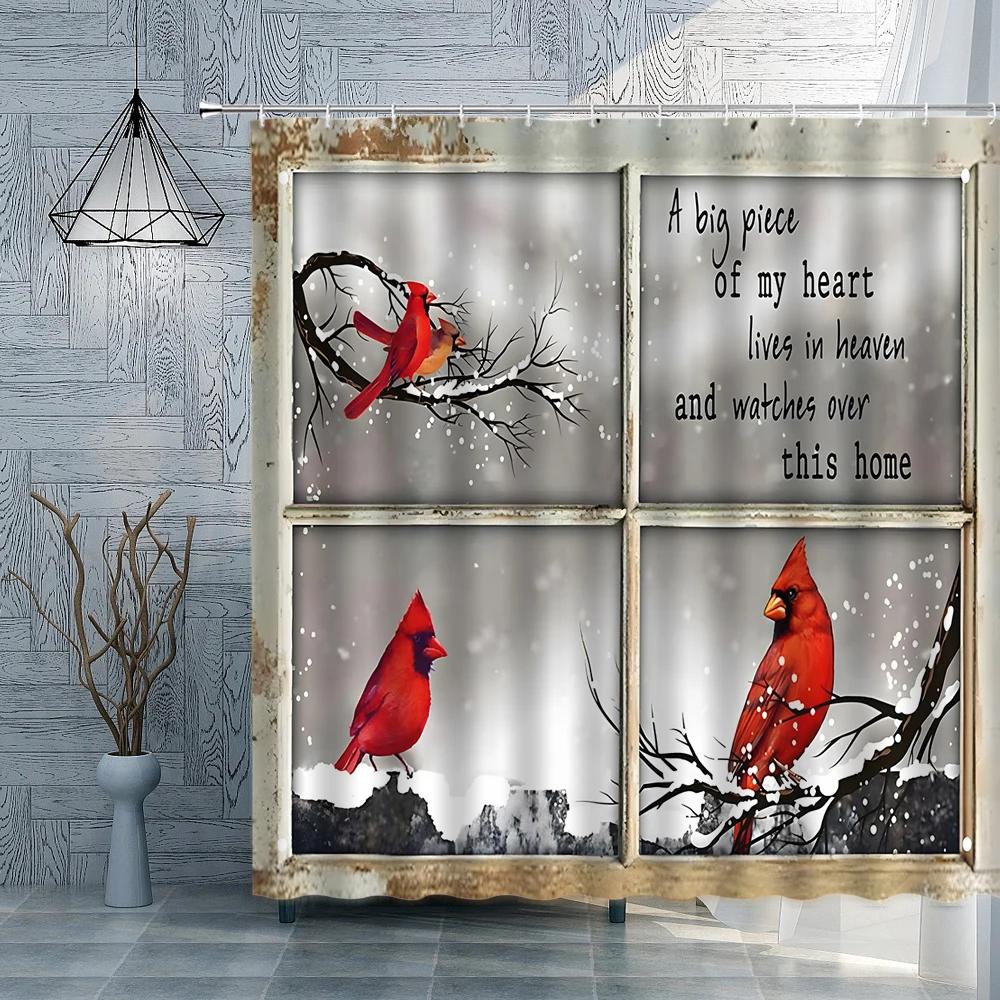 Christmas Shower Curtains Windows Xmas Balls Pine Tree Snowmen Cardinals Bath Curtains Fabric Bathroom Decor Winter Snow Woods