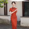 Long Red Chinese-Inspired Cheongsam Dress Women 2026 Vintage Style With Stand Collar Side Slit