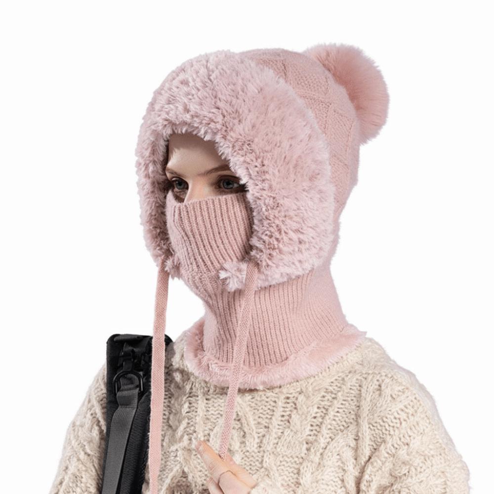 Flauschige Textur Sturmhaube Samt Gestrickte Halsintegrierte Mütze Winter Saison Outdoor-Aktivitäten
