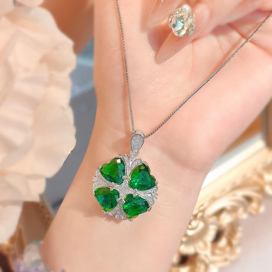 Fashion Light Luxury Heart-Shaped Four-Leaf Clover Pendant Necklace Flower Ring Simulation Emerald Diamond Stud Earrings Colorful Treasure Set Women