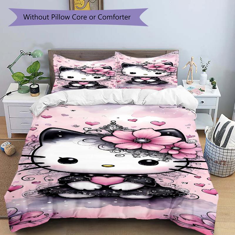 3pcs Pink Flowers & Hello Kitty Printed Bedding Set, Soft and Comfortable Quilt Cover for Bedroom, Guest Room (Not Included).S070