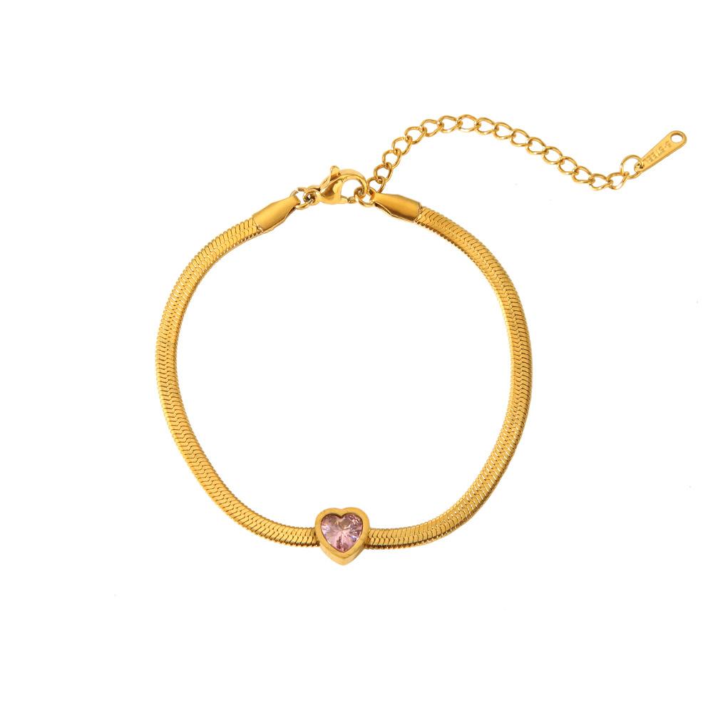 ins inlaid with colored love zircon flat snake chain bracelet plated with 18K gold stainless steel light luxury waterproof jewelry
