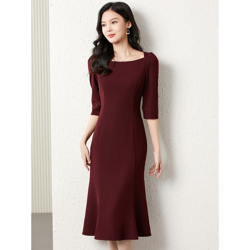 

Wine Red Square Collar Temperament Sheath Mermaid Dress Autumn Clothing New Arrival Elegance Generous Engagement Dress over the Knee Dress Women Burgundy S