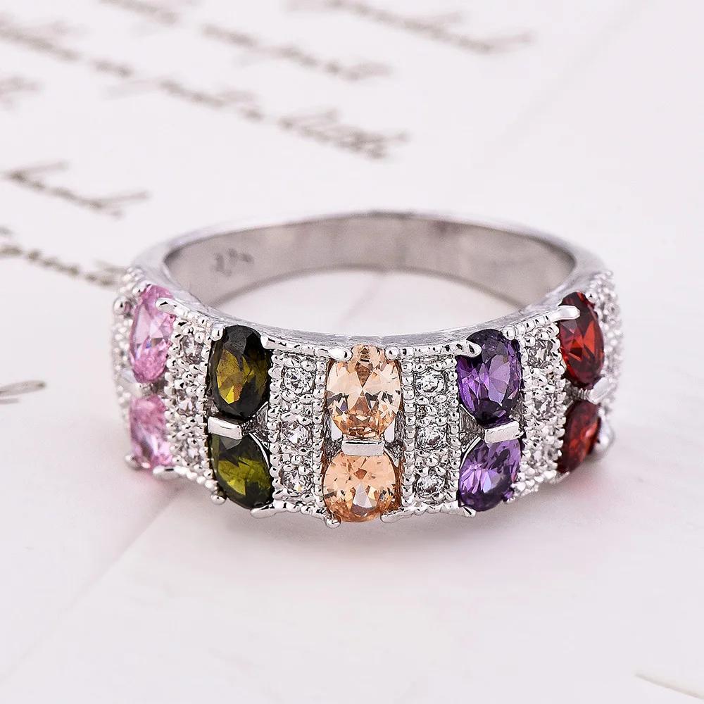 Bohemian Female Rainbow  Sterling Silver Filled Promise Engagement Rings for Women Colorful CZ Crystal Wedding