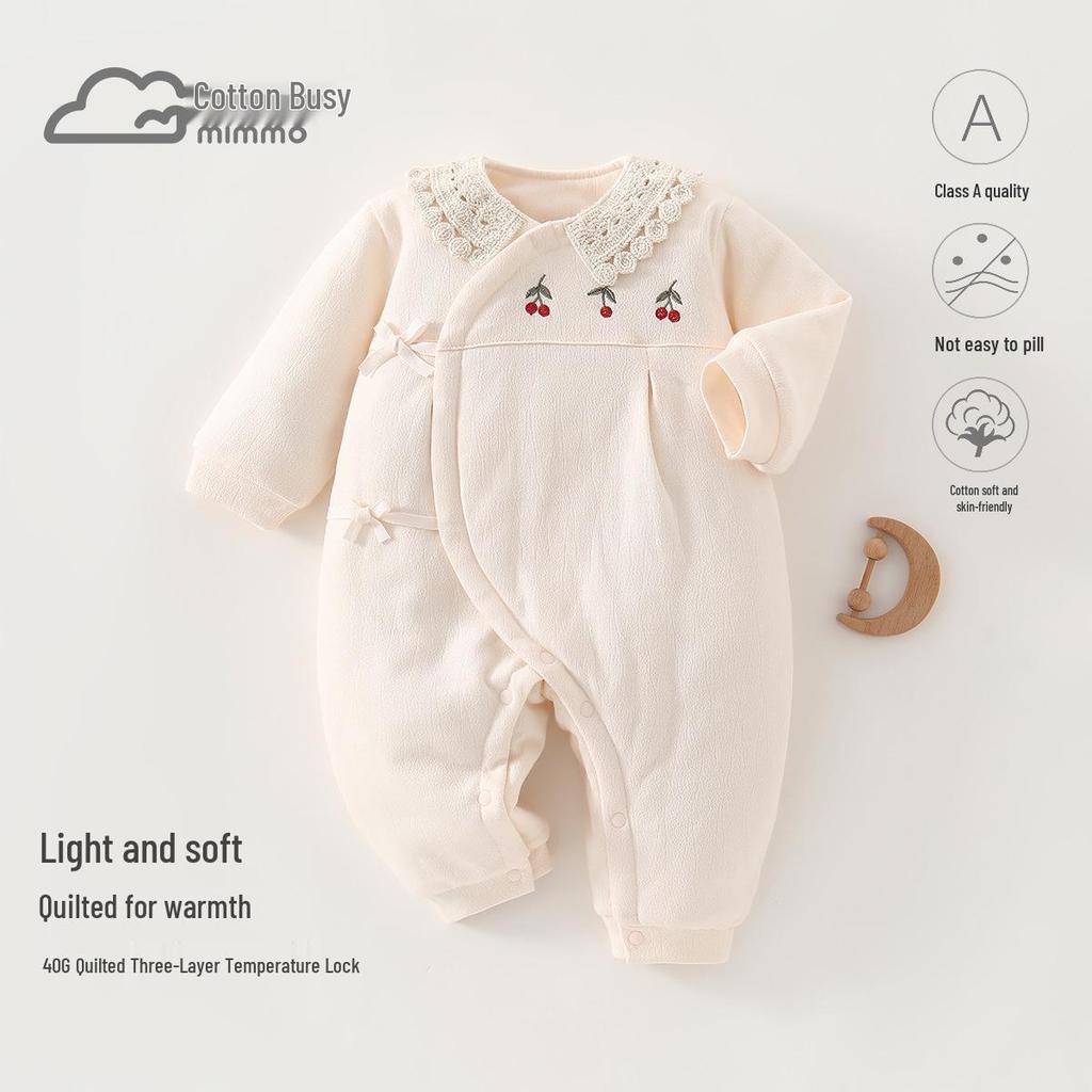Autumn Winter Quilted Baby Romper with Lace Collar - 40g for Girls