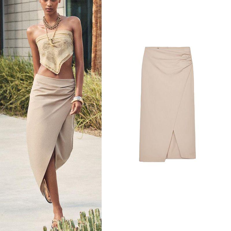 Spring and Summer New Women's Clothing Slit Hemline Side Pleated High Waist Simple Graceful Midi Dress 3897079