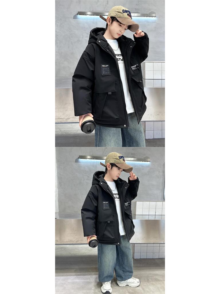 Boys' 2025 Quilted Hooded Windbreaker Jacket: Stylish Autumn/Winter Casual Top for Big Boys