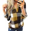 Maglietta a maniche lunghe da donna, casual, con scollo a V, a quadri, aderente, lunga