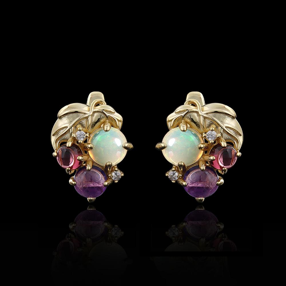 Women's Grape-Shaped Earrings with Natural Opal Amethyst Garnet Gemstones 925 Sterling Silver Fine Jewelry