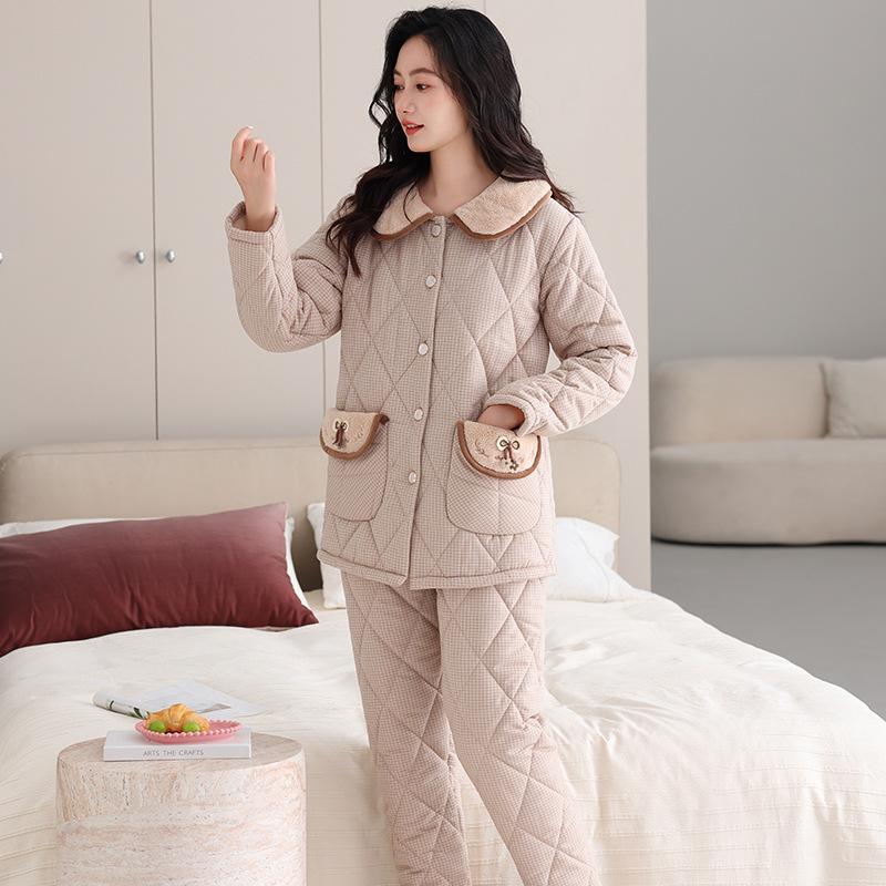 Gewebter, wattierter Damen-Winterpyjama aus reiner Baumwolle, dreilagig, dick gefüttert und mit Samt bezogen, Loungewear-Set für Herbst und Winter