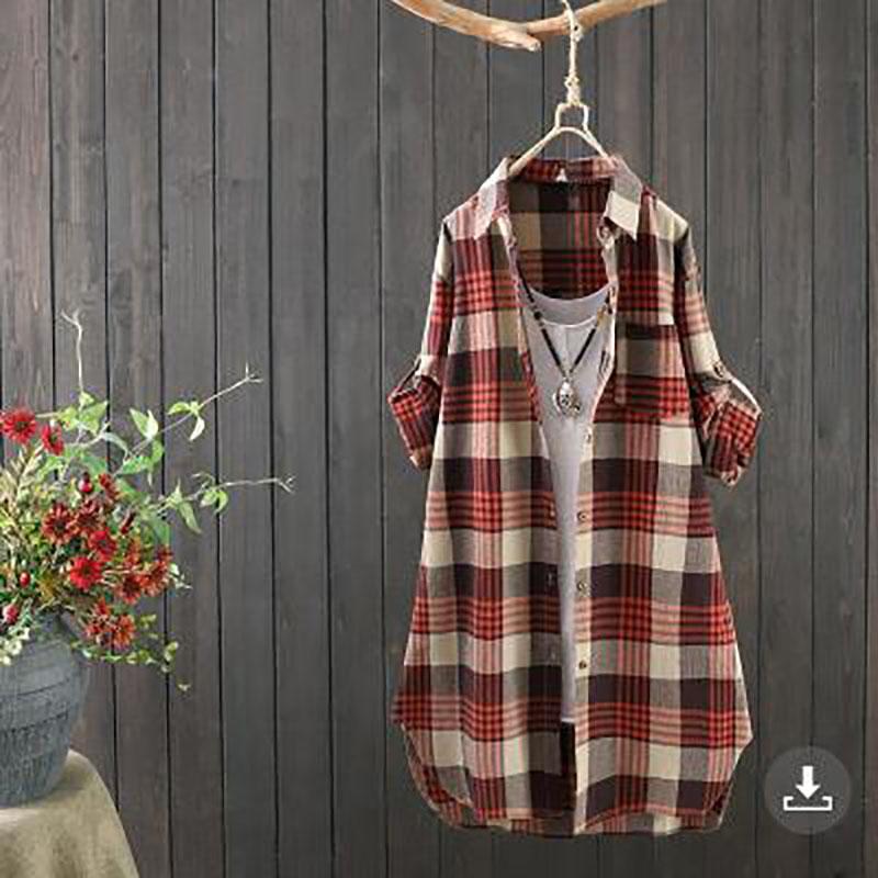 Damen Hemd mit Knöpfen Elegant Chic Damen Oberteil Kariert Vintage Leinen Langarm Chinesische Hemden Blusen Kleidung