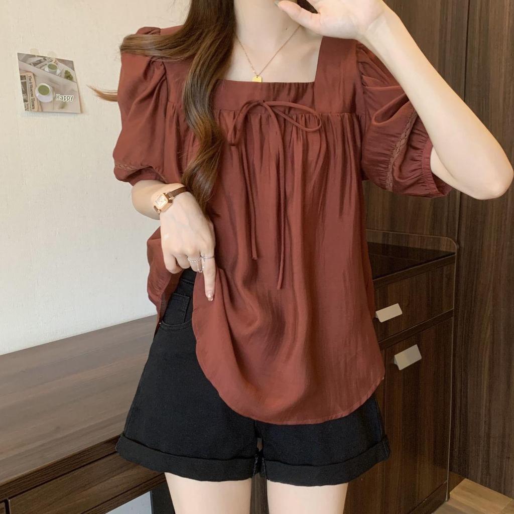 Women's Plus Size Square Neck Puff Sleeve Top - Summer 2025, Loose Slimming Tummy-Concealing Design