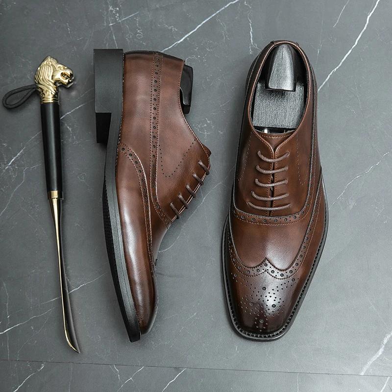 New In Brown Brogue Shoes for Men Black Lace-up Square Toe Party Wedding Shoes  Men Shoes Size 38-46