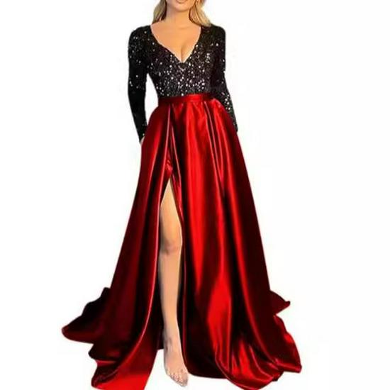 Elegant One-Shoulder Long-Sleeve V-Neck Sequin Slit Evening Gown