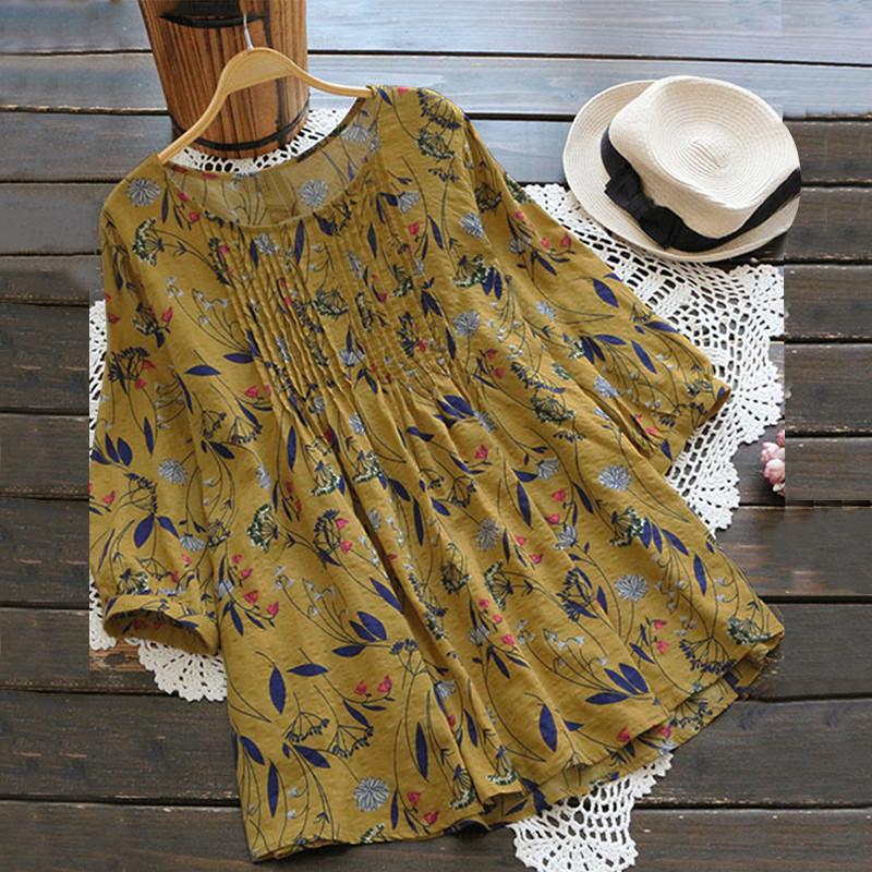 Elegant Womens Floral Print Casual Long Tops Shirt With Loose Vintage Ethnic Design And Crew Neck