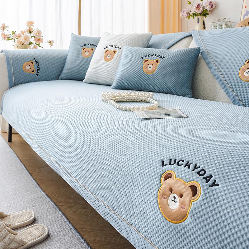 Simple Cartoon Bear Sofa Cushion Summer Seat Cushion Backrest Towel Non-Slip Wear-Resistant Sofa Cover Towel