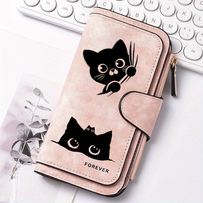 Women's Black Striped Cat Long Wallet Multi-functional Snap Button Coin Purse Ideal Gift for Cat Lovers Daily Use and Outdoor Activities