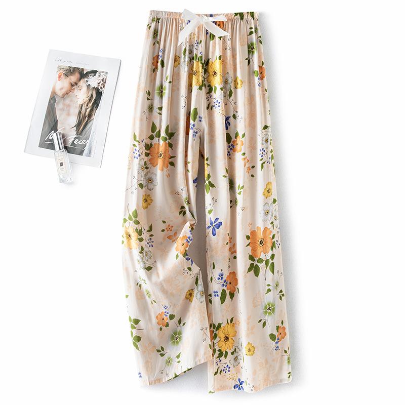 Pantaloni de pijama din bumbac mătase pentru femei, secțiune subțire de vară, anti-țânțari, pantaloni cu picior lat, culoare uni, pentru exterior, casă, petrecere a timpului liber, imprimeu, pantaloni de plajă până la genunchi