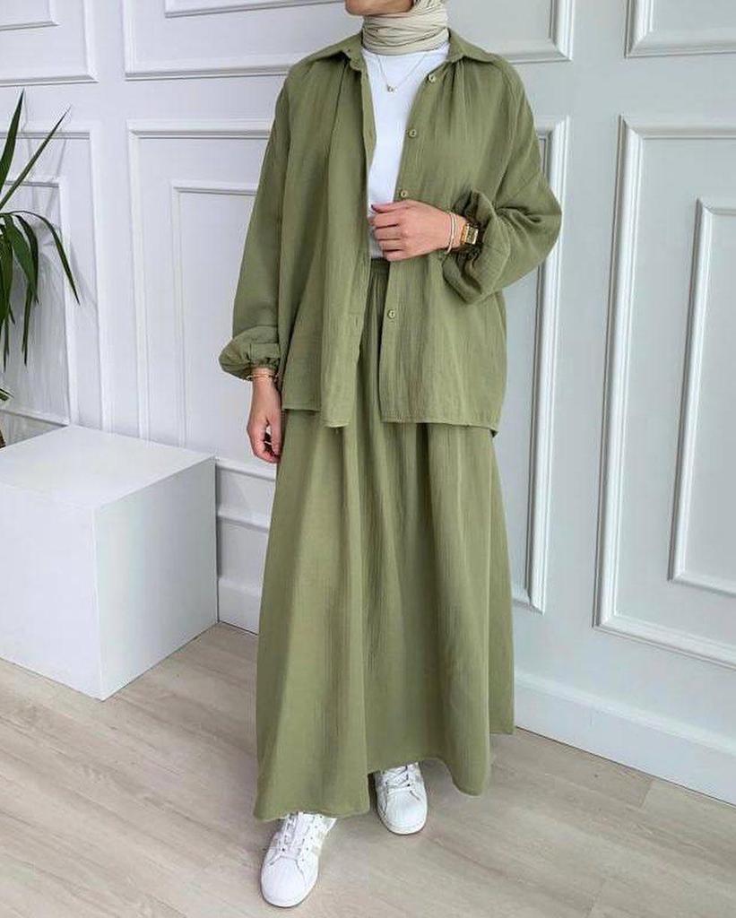 2024 New Women's Casual Muslim Long Sleeve Shirt & Midi Skirt Set for Spring and Autumn