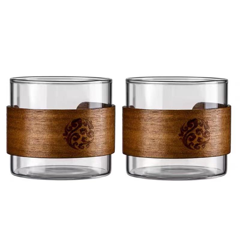 Insulated Borosilicate Glass Tea Cup with Walnut Wood Ring – Small, Multi-use for Home and Guests