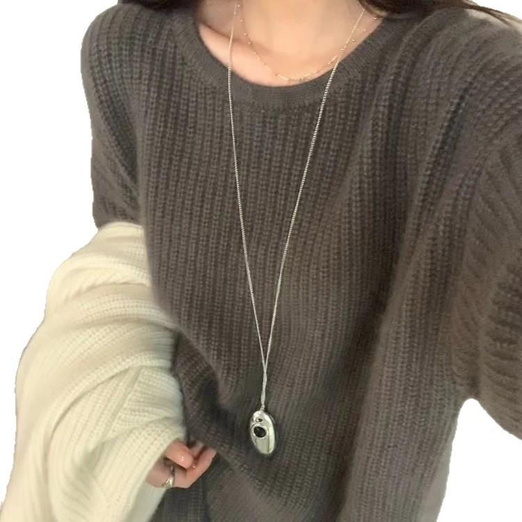 Dámský francouzský svetr s kulatým výstřihem - Podzim/Zima, Volný střih, Měkká pletenina, Ležérní styl, Silný design