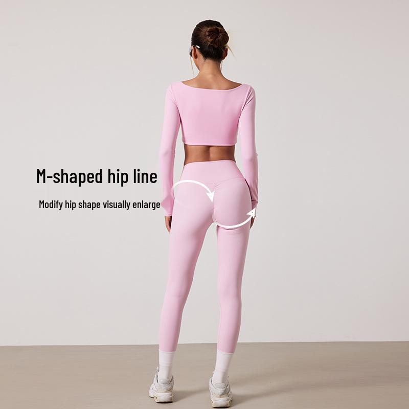 European & American Dance Yoga Wear: Sexy Square Neck Long Sleeve Top & High Waist Hip-Lifting Pants Set