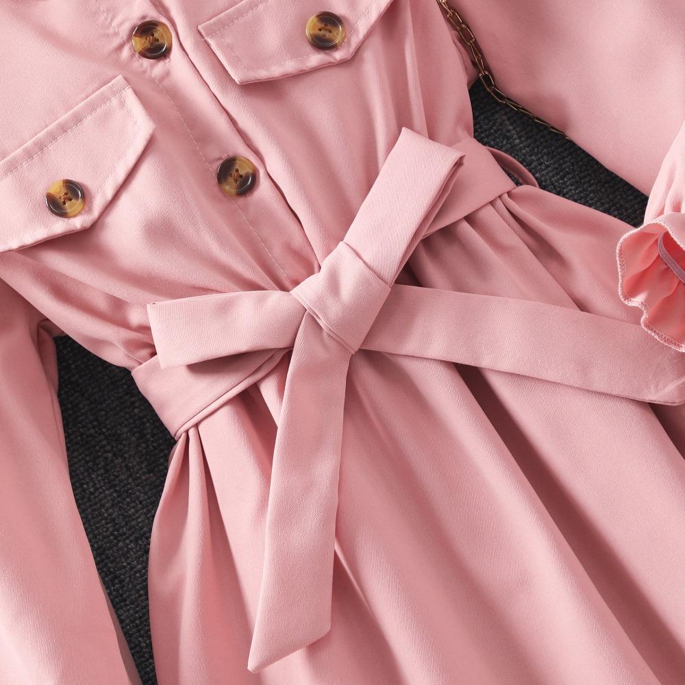 Girls' Long-Sleeved Long Dress 8-12 Years Autumn/Winter Long Dress with Collar Solid Colour Includes Belt and Hat
