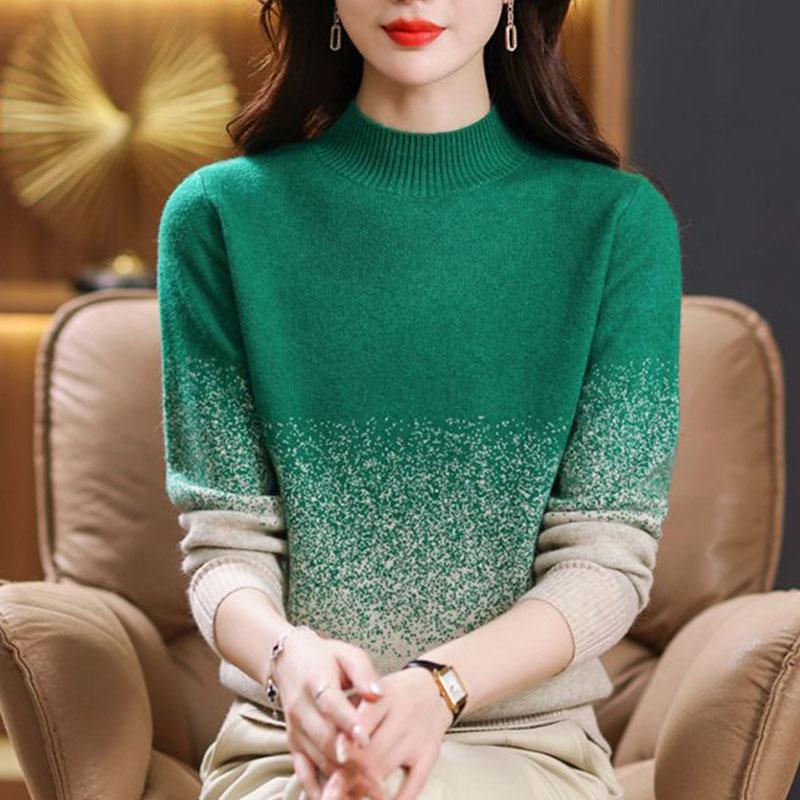 Women's Crew Neck Sweater Autumn and Winter Gradient Knit Pullover Loose Thick Knit Top