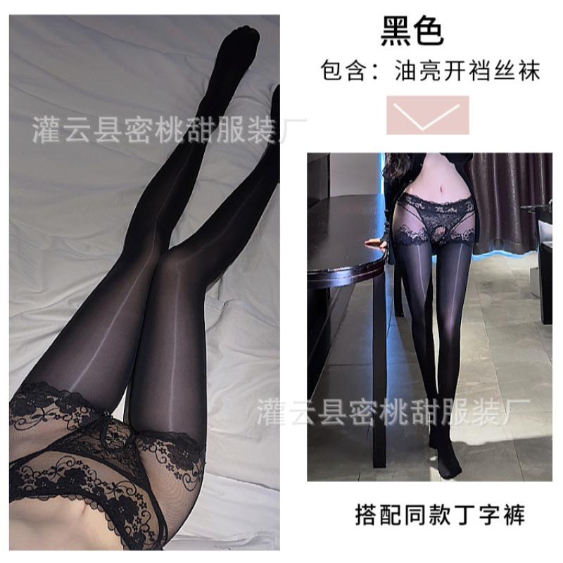 Sex-Unterwäsche sexy Netz durchsichtig seidig Einteiler Pferdeöl offener Schritt Socken hohe Taille Hüftlift Öl glänzend offene Socken