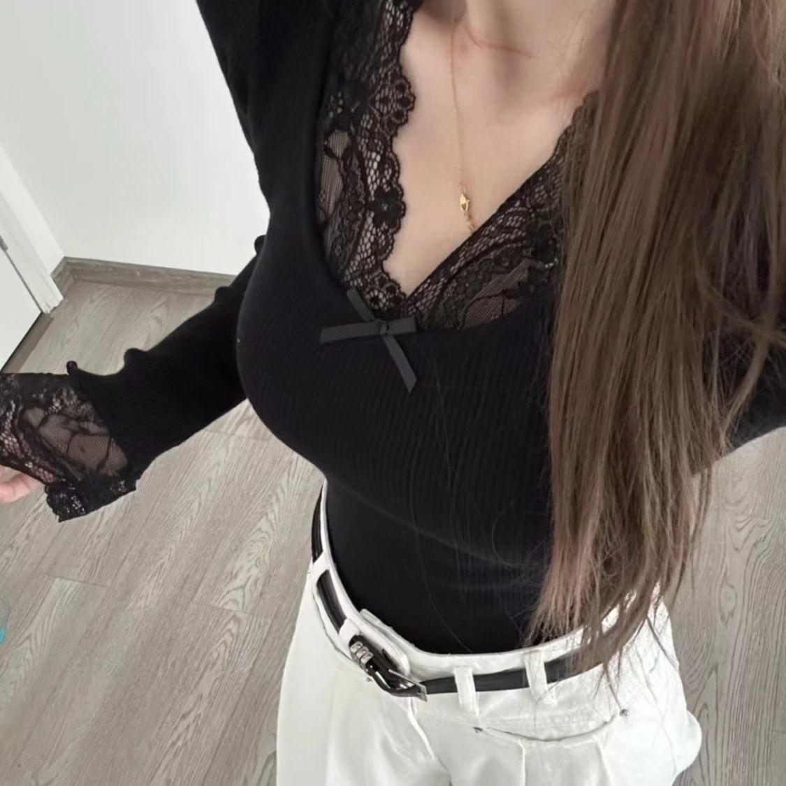 Plus Size French Lace V-neck Long Sleeve Slimming Warm Base Layer Top XL чёрный