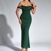 Fishbone mesh pleated dress European and American sexy backless one-word shoulder tight hip-wrapped dress long dress