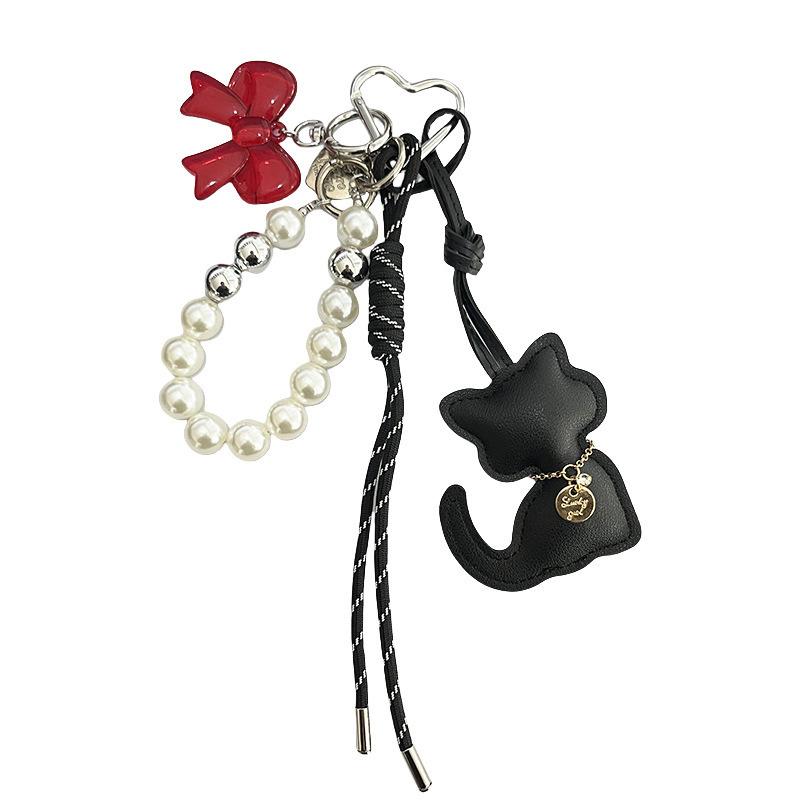 Cartoon Leather Cat Keychain Y2K Retro Braided Rope Key Holder Maillard Bag Pendant Car Keyring Hanging Decoration Gifts