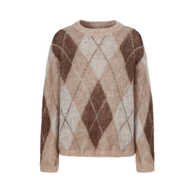 JZ ANNAKO Γυναικείο Πλεκτό Πουλόβερ από Μαλλί με Καρό Σχέδιο και Κατεβασμένους Ώμους