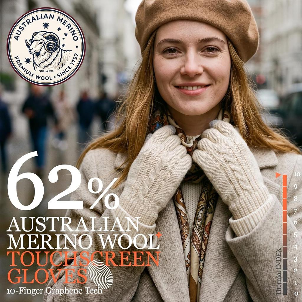Merino Wool Winter Gloves for Women, 2 Pairs Touch Screen