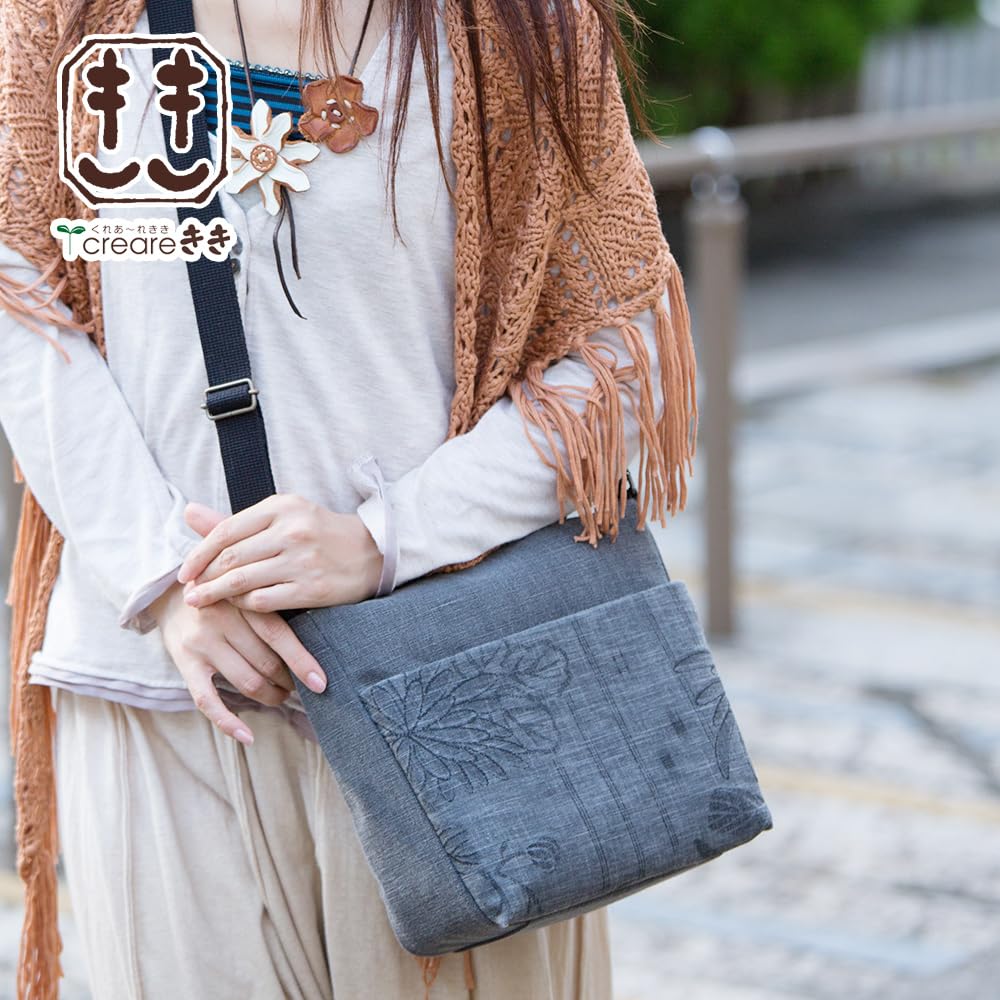 Creare Kiki Women's Shoulder Bag, Lightweight, Crossbody, Made In Japan, Japanese Style, Ink and Binchotan Dyed, Flower Chinza Fabric, Plenty of