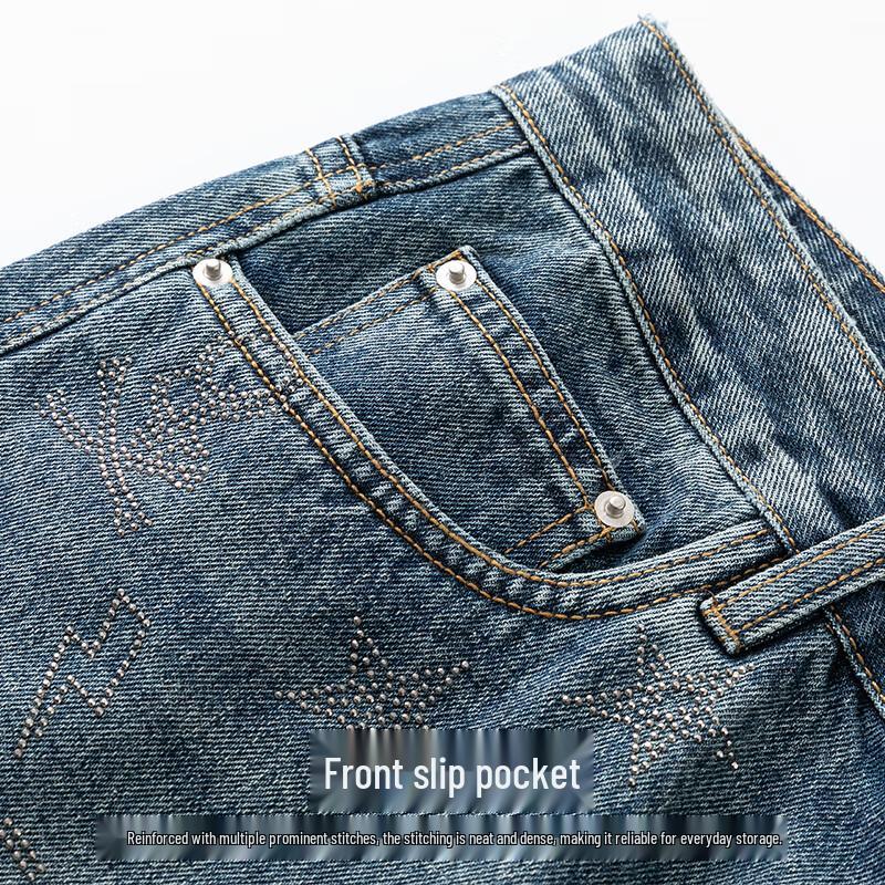 Marc Fairwell Men's Loose Fit Rhinestone Wide-Leg Jeans