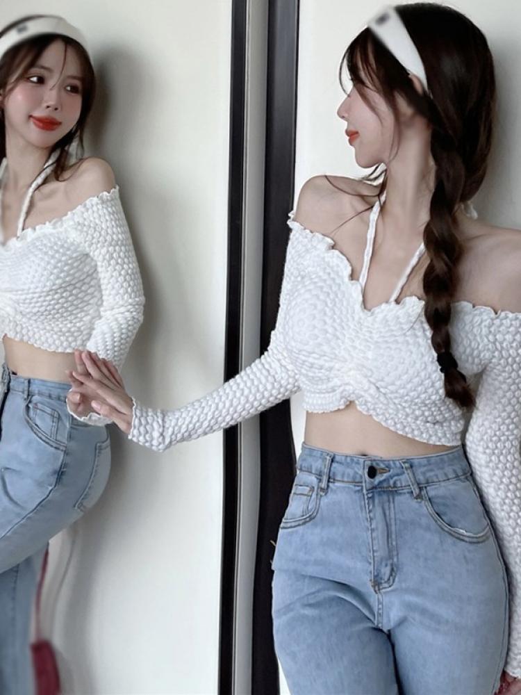 Damenmode Sexy One-Shoulder Neckholder Kurzes Top Schlankes Dreidimensionales Bubble Langarm Bottoming Shirt