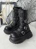 Gothic Black Platform Mid Calf Boots For Women Chunky Heel  Lace - Up Buckle Design Side Zip Edgy Punk Style Ladies Boots