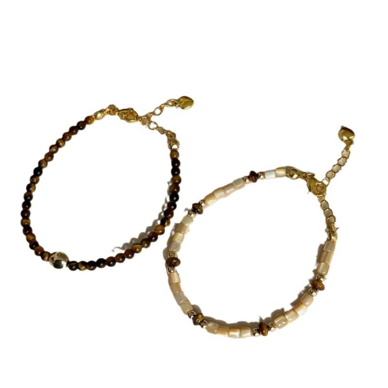 Minimalist Geometric Layered Bracelet Set With Tiger Eye Stone Natural Shell Beads Women
