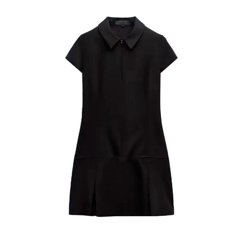 

Spring New Arrival Fashion Preppy Style Cinched Slimming Short Sleeves Shirt Collar Wide Pleated Short Dress 8342303 Black M