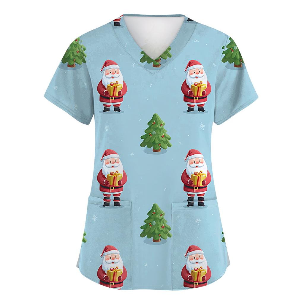 Hauts de Travail à Manches Courtes et Imprimé de Noël à Col en V et Poche pour Femme