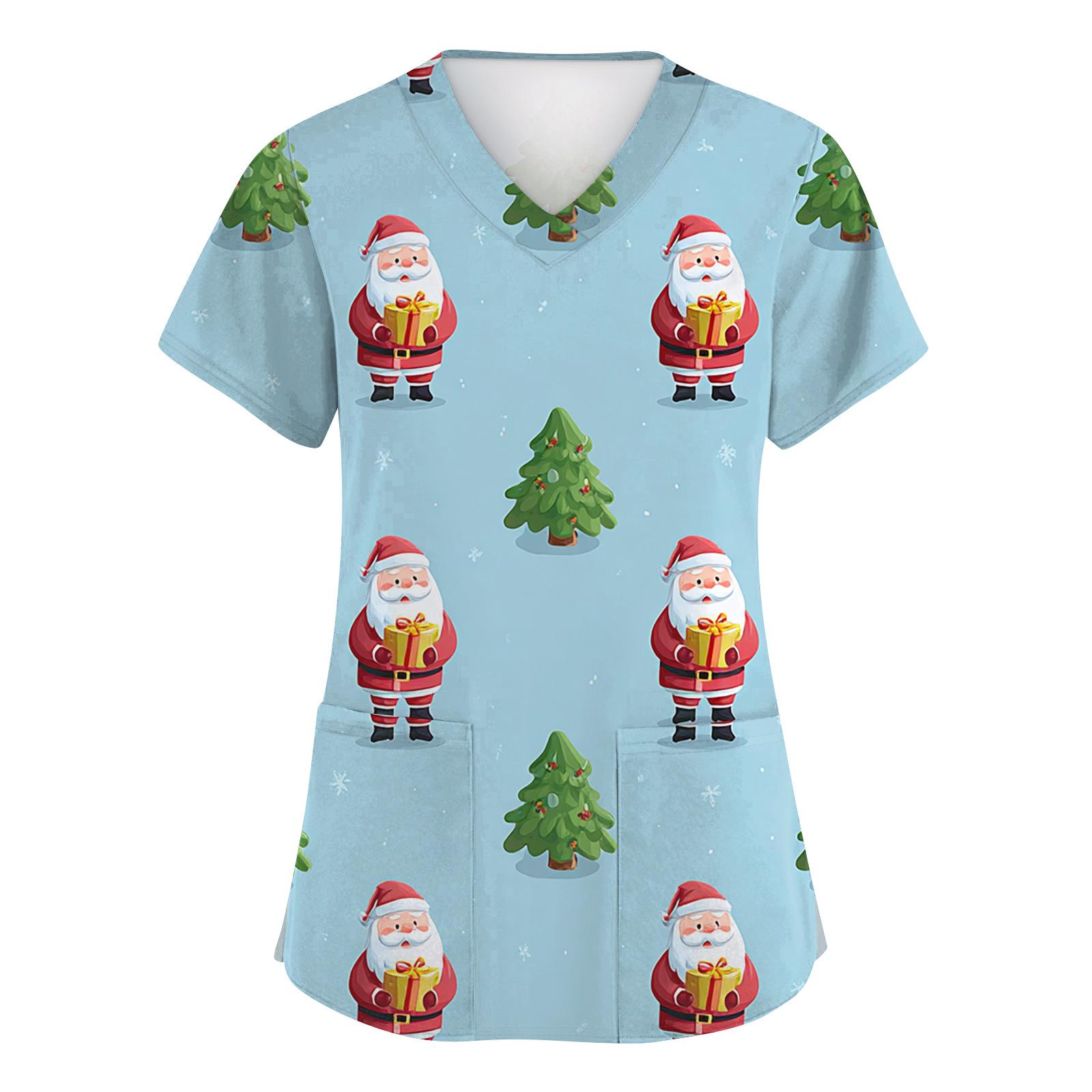 

Женские модные топы с коротким рукавом, рождественским принтом, V-образным вырезом, карманом, рабочая одежда XXXXL