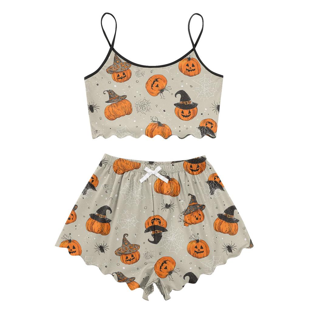 Women's Halloween Set With Retro Floral Print Suspender Sleeveless Vest Shorts Pajama Set