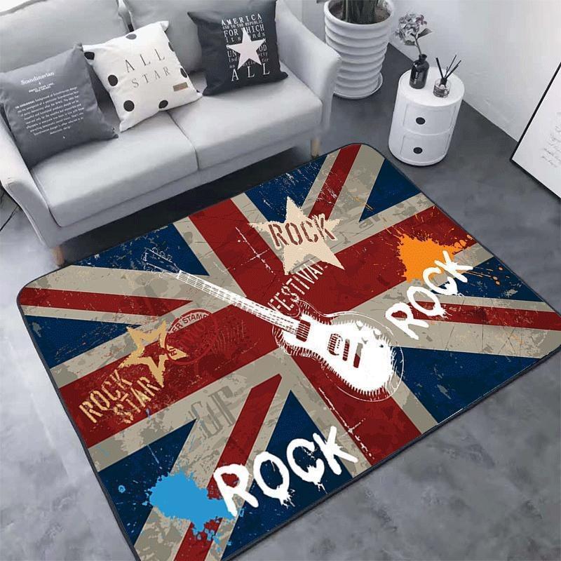 Rock Music Theme Area Rugs Electric Guitar Design Piano Keyboard Starry Night Pattern for Living Room Decor