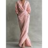YYFS Mode femme été printemps couleur unie imprimé manches 3/4 col en v taille haute robes décontractées