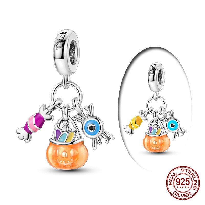 

100% Silver Halloween Pumpkin Beaded Candy Pumpkin Basket Charms Fit Women Bracelets DIY Jewelry Making Gifts