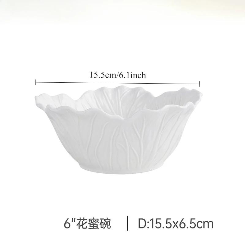 Nordic Luxury Flower Ceramic Bowl Pure White Creative Cabbage Relief Tableware Fruit and Vegetable Salad Bowl, Large Soup Bowl