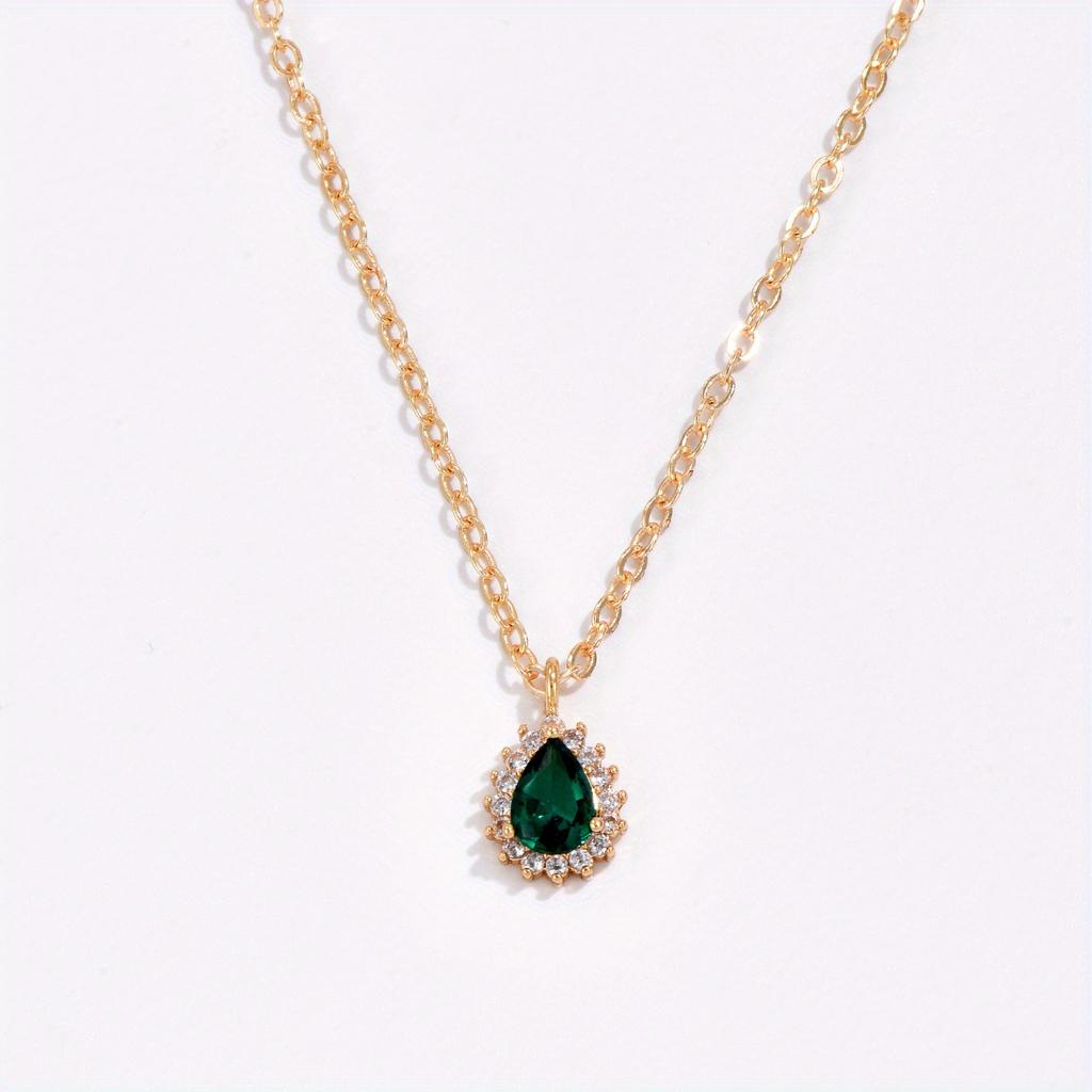 Exquisite Green Teardrop Synthetic Zircon Inlaid Necklace, Gold Tone Fashion Accessory Gift for Women
