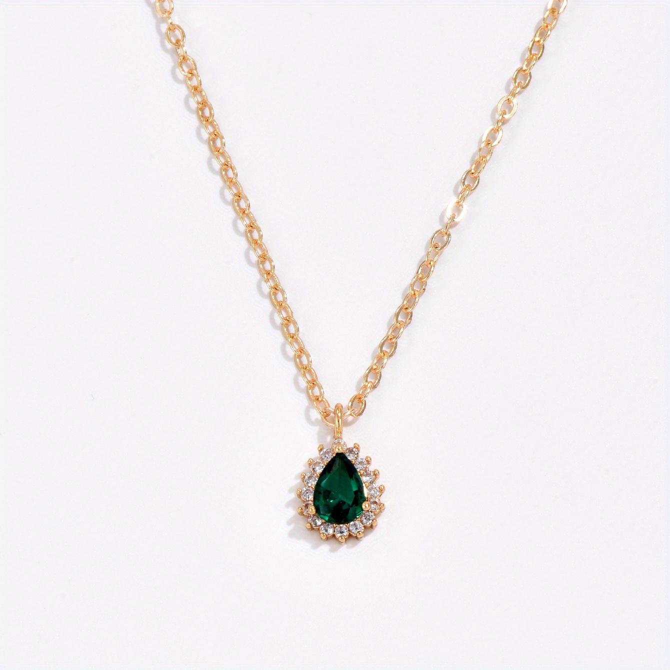 Exquisite Green Teardrop Synthetic Zircon Inlaid Necklace, Gold Tone Fashion Accessory Gift for Women